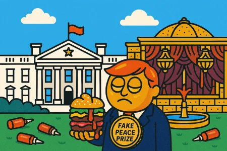 Cartoon-style drawing of a building resembling the USA White House, with subtle hints of the casino from Back to the Future 2. The main building is white with classical columns and pediment, but on the right side there is a gaudy ballroom extension covered entirely in gold color, with exaggerated glittery details and oversized chandeliers visible through large windows. The lawn in front of the building is littered with empty red ketchup bottles, some tipped over and some upright, disrupting the otherwise neat green grass. The style is bold, satirical, and colorful, with thick outlines and simplified cartoon shading. Mr Orange Fartypants stands proudly showing his medal. But only a small undersized burger.